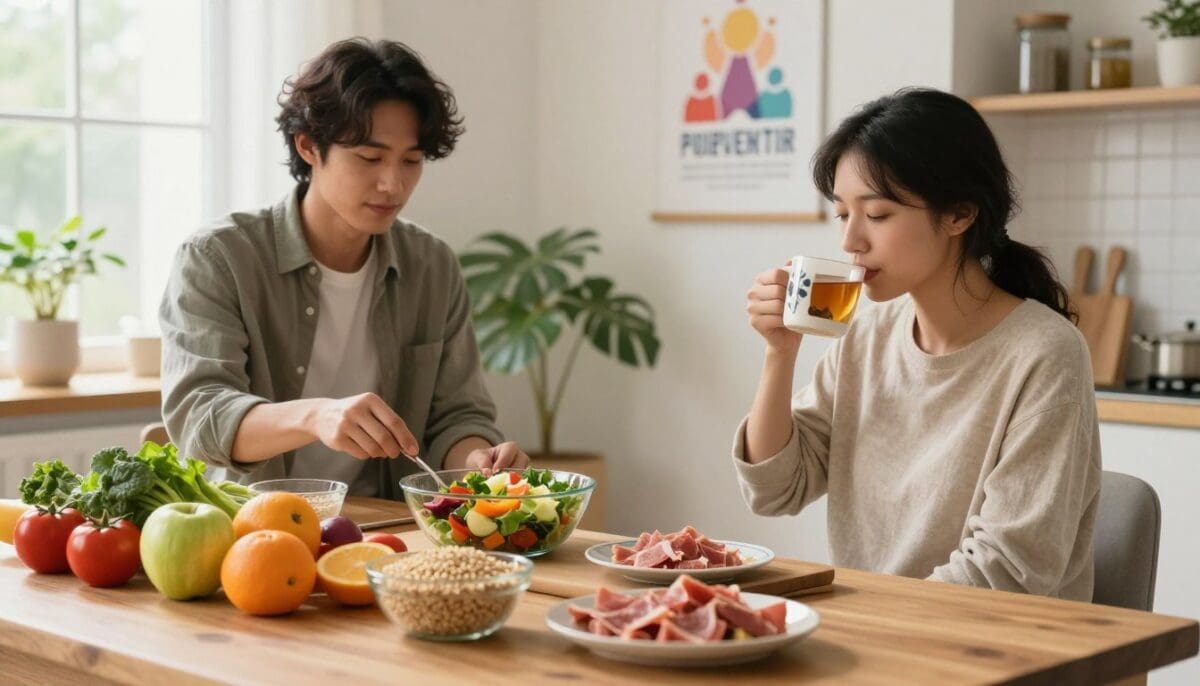 Couple enjoying a nutritious meal in a kitchen, featuring fresh vegetables, fruits, and protein-rich foods, emphasizing nutrition and lifestyle adjustments for post-surgical recovery.