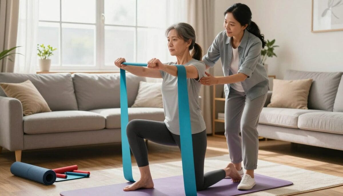 Middle-aged woman performing a lunge exercise with resistance bands, guided by a therapist in a cozy home setting, highlighting in-home physical therapy and personalized care.