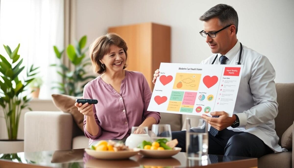 Middle-aged woman and healthcare professional reviewing care plan in a comfortable home setting.