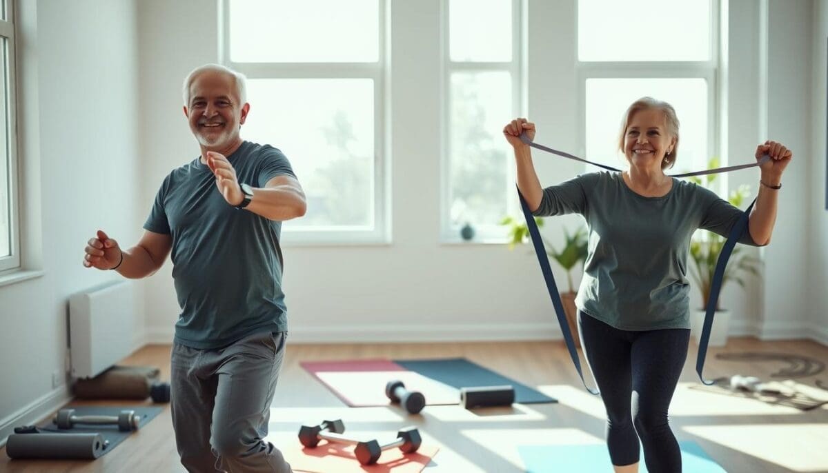 Middle-aged couple exercising with resistance bands in a home gym, supporting physical activity for diabetes management.