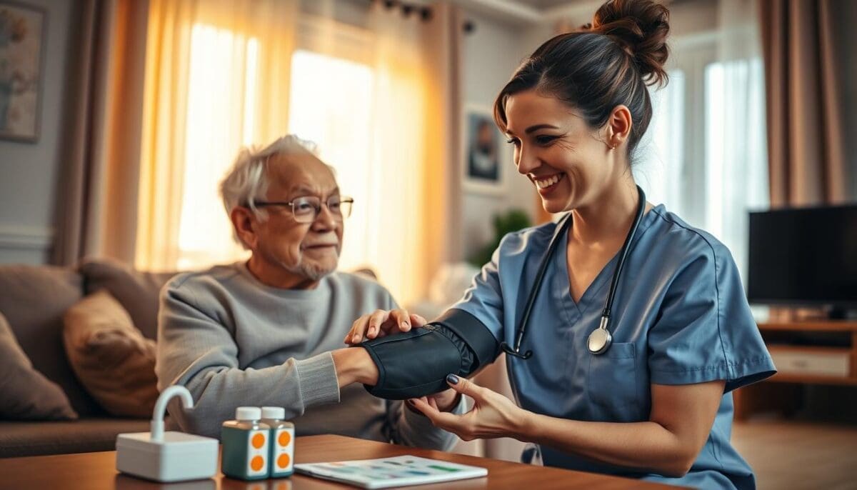 A caring nurse tending to an elderly patient in a cozy living room, emphasizing the concept of personalized medical care at home. In the foreground, the nurse, dressed in professional scrubs, is gently checking the patient’s blood pressure while smiling reassuringly. The middle layer shows comfortable home furnishings, such as a soft couch and a coffee table with a medication organizer. In the background, warm, natural light filters through a window adorned with sheer curtains, creating an inviting atmosphere. The scene conveys a sense of trust, compassion, and homey comfort, emphasizing the importance of attentive and personalized care plans. The angle is slightly elevated, capturing the intimate connection between the nurse and patient, evoking a mood of warmth and professionalism. Caring home health nurse assisting elderly patient in cozy living room, medication management and personalized care.