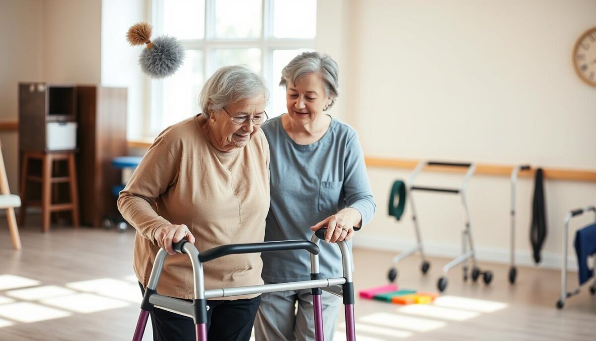 A caring occupational therapist assists an elderly person using a walker in a well-lit, inviting therapy room. The foreground features the therapist, a middle-aged individual in professional attire, demonstrating a supportive posture while guiding the senior. The senior, dressed in modest casual clothing, looks focused and engaged. In the middle ground, various occupational therapy tools like hand grips, exercise bands, and mobility aids are visible, adding context to the scene. The background shows soft, natural lighting filtering through large windows, creating a warm and comforting atmosphere. The overall mood is one of encouragement and empowerment, highlighting the importance of mobility support in maintaining independence for seniors.