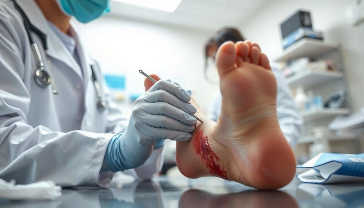 Healthcare professional examining diabetic foot ulcer in clinical setting, promoting wound care and specialized dressings.