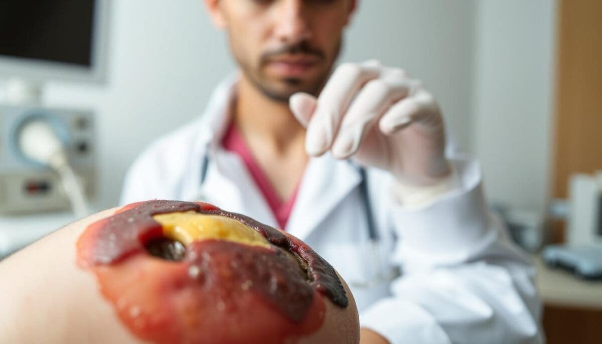 Close-up of an unusual wound with black and yellow tissue, indicating necrosis and potential infection, examined by a healthcare professional.
