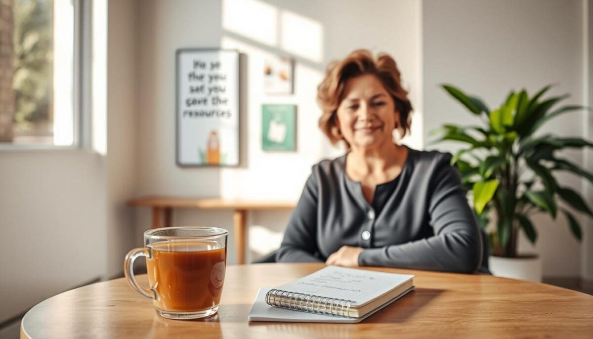 A compassionate caregiver sits at a round table in a bright, welcoming office in San Antonio, Texas. She is dressed in professional casual attire, showing warmth and approachability. In the foreground, a cozy cup of herbal tea and a notepad filled with notes sit on the table, symbolizing support and encouragement. In the middle ground, a wall adorned with inspirational artwork and resource brochures promotes caregiver resources. Soft, natural light filters through large windows, casting a gentle glow over the scene, creating an inviting atmosphere. In the background, a lush, green plant adds a touch of life, enhancing the feeling of comfort and hope. The overall mood is one of reassurance and understanding, emphasizing the importance of seeking help for caregiver burnout.