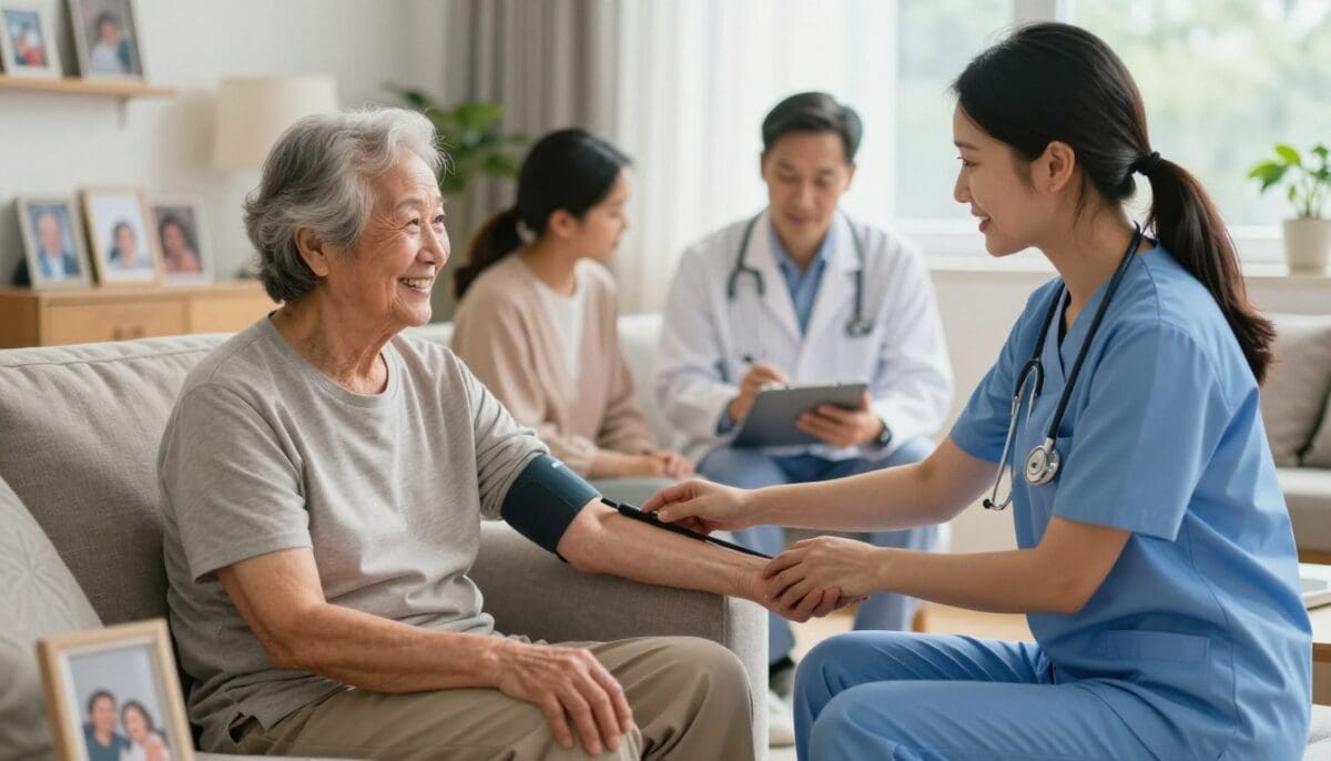 In-home health care team providing compassionate medical support to an elderly patient in a cozy living room, focusing on personalized care and recovery.