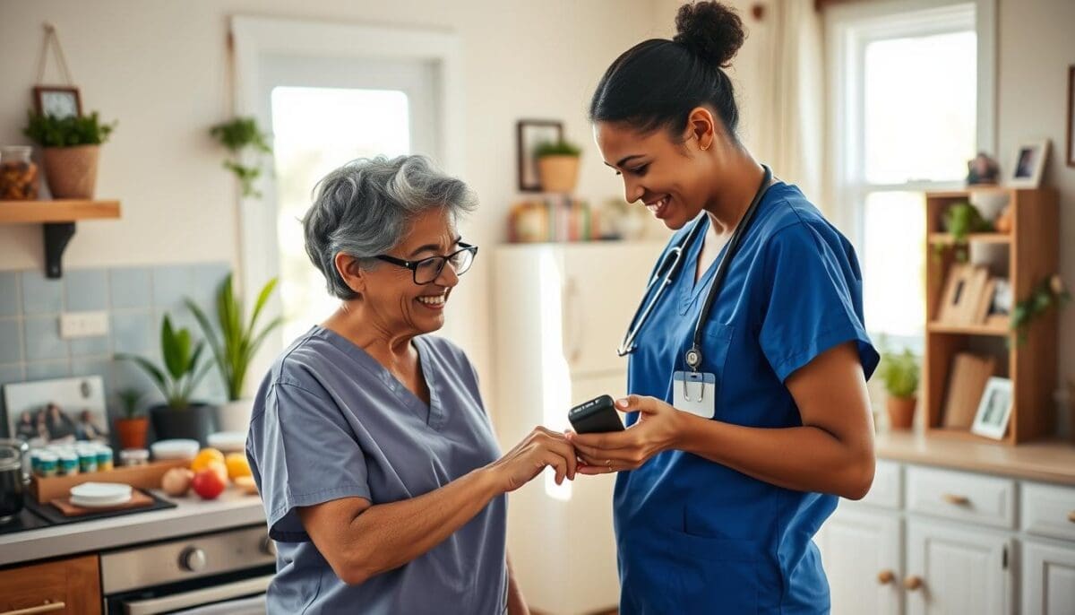 Compassionate nurse assisting diabetic patient at home, providing in-home care and support.