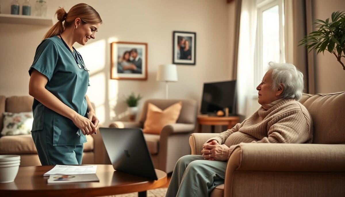 Home health nurse discussing care plan with patient in a comfortable home setting.