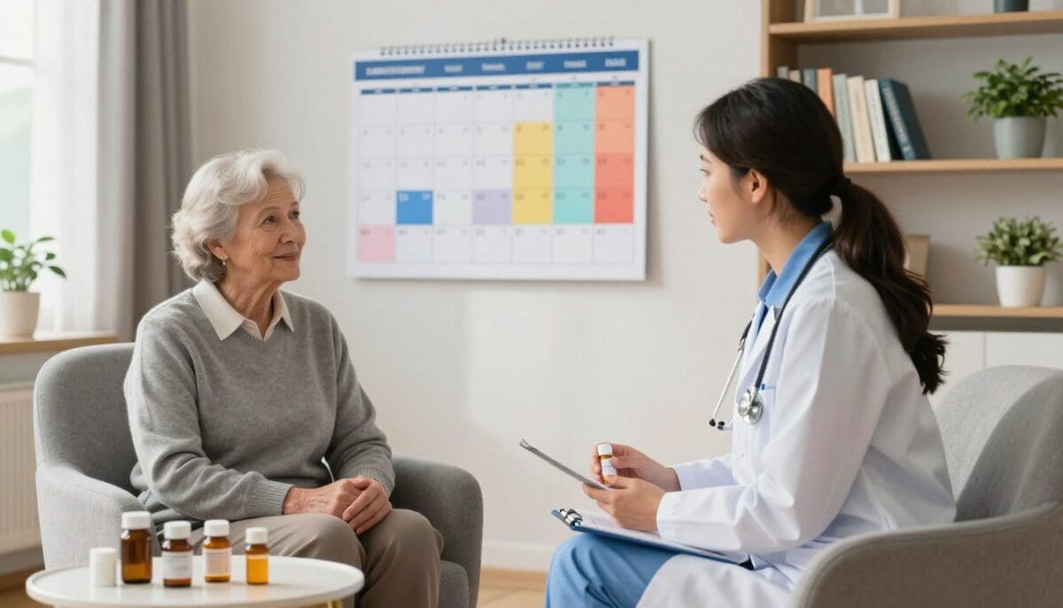 Senior woman consulting with a healthcare professional about medication management, with prescription bottles on a table and a calendar in the background, emphasizing home health care and personalized treatment plans.