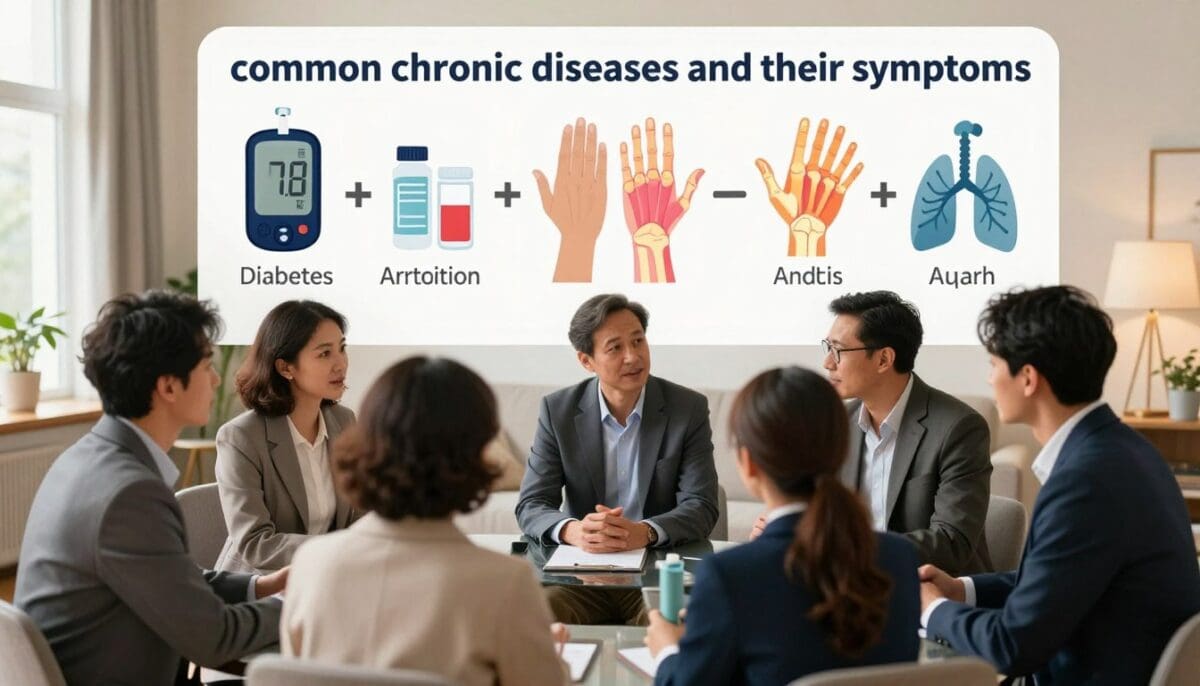 Illustration depicting common chronic diseases and their symptoms, including diabetes, arthritis, and respiratory issues, with a diverse group of individuals engaged in a discussion about health management strategies.