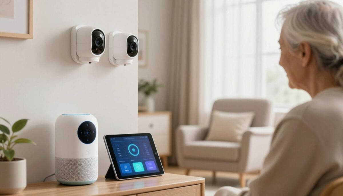 A cozy and inviting living room featuring smart home safety devices designed for seniors. In the foreground, a sleek, modern smart speaker with voice control, a user-friendly tablet displaying health metrics, and an emergency alert button. In the middle, a reassuring presence of safety cameras with discreet designs mounted on the walls, and a motion sensor light near a soft armchair. The background showcases bright, natural light filtering through sheer curtains, enhancing the atmosphere of safety and warmth. The overall mood conveys a sense of security and comfort, with a soft-focus effect that creates a tranquil ambiance. The image captures the essence of modern home safety innovations for seniors and recovery patients.