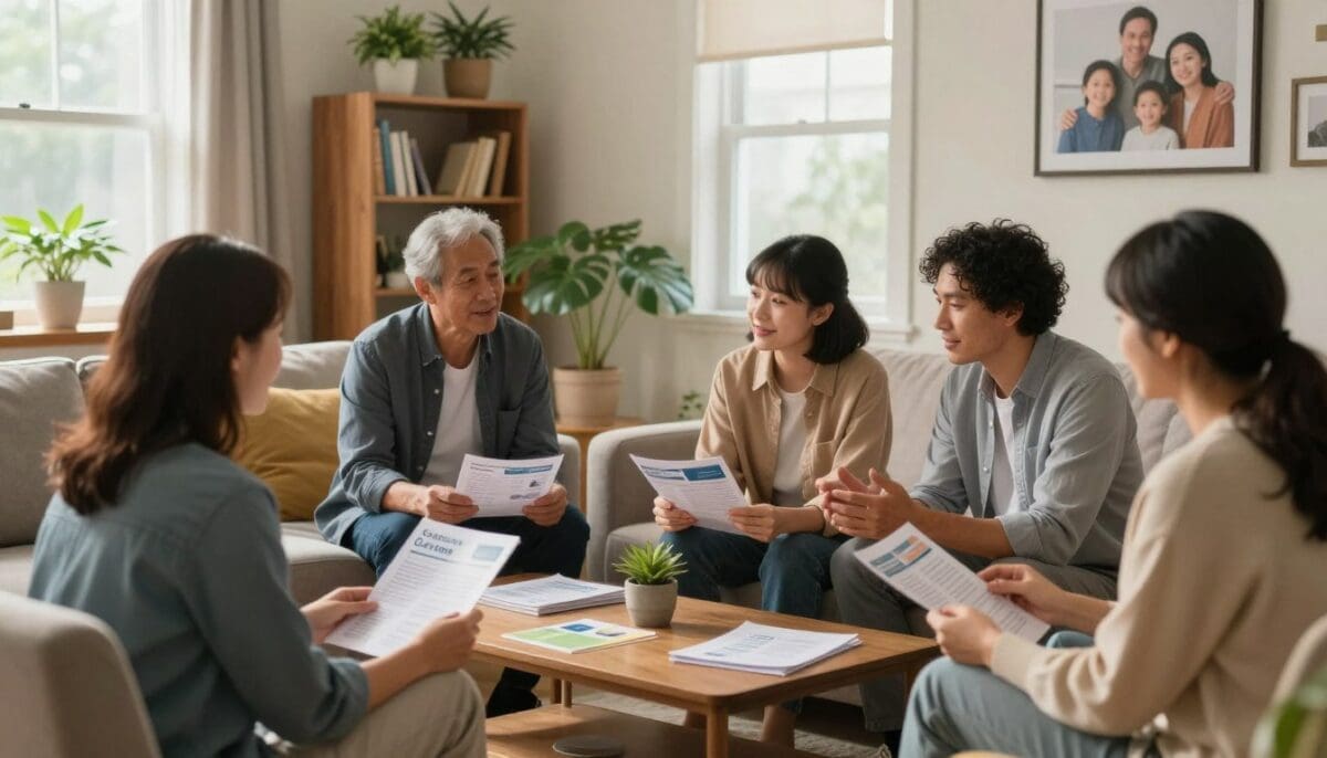 A cozy and inviting living room scene that highlights effective in-home care for family caregivers. In the foreground, a diverse group of caregivers, dressed in professional business attire and modest casual clothing, are engaged in a warm discussion around a coffee table. They are reviewing informational brochures and care plans, surrounded by plants and comfortable furniture. In the middle ground, a well-organized bookshelf displays resources on caregiving, while a window lets in soft, natural light that creates a calm and nurturing atmosphere. In the background, a family photo wall showcases the bonds of love and support. The overall mood is encouraging and supportive, emphasizing community and collaboration in caregiving. The composition should use a soft focus lens to evoke warmth and intimacy, capturing the essence of practical tips and genuine care.