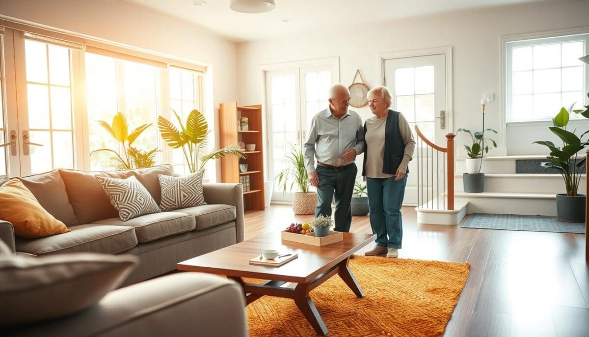 A cozy, brightly lit living room designed for elderly safety, featuring essential home modifications. In the foreground, a well-organized coffee table with easy-to-reach items, padded furniture with rounded edges, and a sturdy, brightly colored rug to help prevent slips. In the middle, an elderly couple dressed in modest casual clothing, attentively discussing safety features while examining handrails on the stairway nearby, with a non-slip mat visible on the stairs. The background showcases a well-lit room with large windows, reflecting warm sunlight, and soft indoor plants to create a relaxing atmosphere. The scene is framed with a slight lens blur to enhance focus on the couple and the home safety modifications.