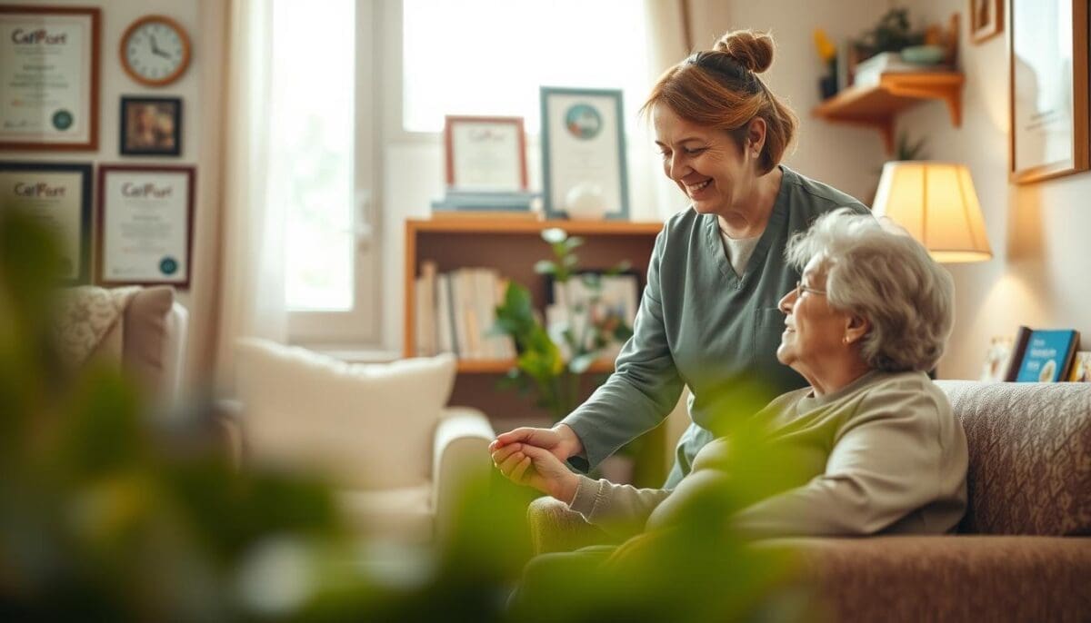 A cozy home environment depicting a family caregiver providing support to an elderly person. In the foreground, a middle-aged caregiver, dressed in modest, professional attire, gently holds the hand of an elderly woman seated in a comfortable chair, conveying warmth and compassion. In the middle ground, a bright window lets in soft, warm light, creating an inviting atmosphere. Various signs of caregiver support are subtly included in the background, such as a wall with certificates of caregiving training and a small table with helpful resources like books and pamphlets. The overall mood is empathetic and supportive, emphasizing the importance of caregiver well-being. The image is framed with a slight depth of field, focusing on the caregiver and the elderly person, with a soft bokeh effect for a serene vibe.