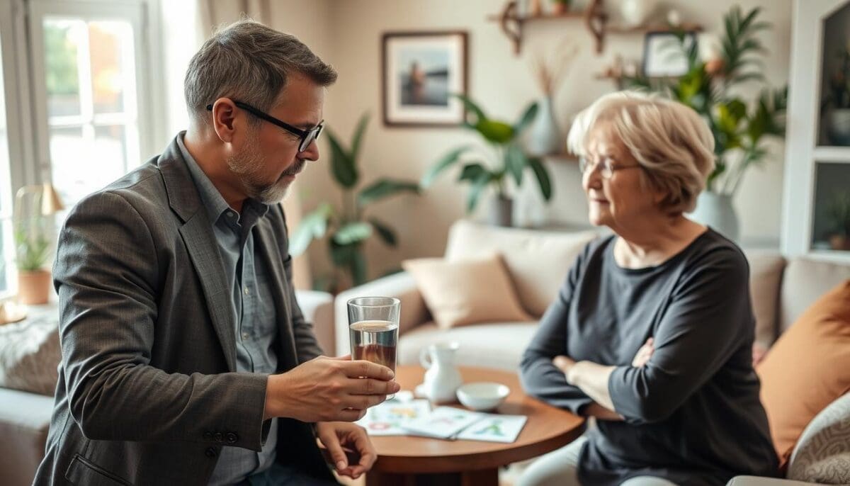 A cozy home environment featuring a qualified speech therapist guiding a patient in swallowing therapy. In the foreground, the therapist, wearing smart casual attire, demonstrates techniques with a glass of water and thickening agent, while the patient, dressed modestly, attentively observes. In the middle ground, a table is set with therapy materials like flashcards and visual aids, contributing to the therapeutic atmosphere. The background reveals a comfortable living room setting with warm lighting, plants, and soothing colors. The composition is captured from a slightly elevated angle, providing a comprehensive view of the interaction. The mood is supportive and encouraging, emphasizing the importance of at-home speech therapy in recovery.
