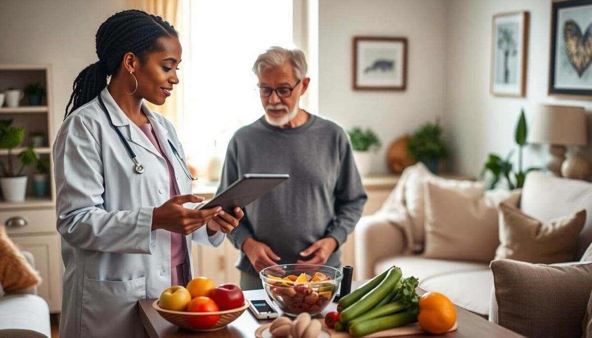 Home health nurse and senior patient reviewing health data on tablet in cozy living room setting, diabetes and heart disease management.