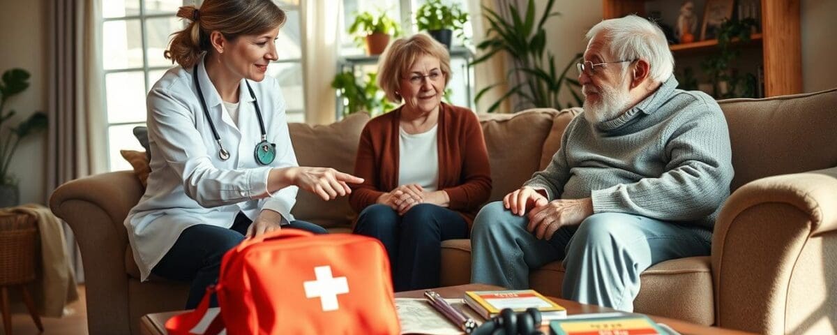 Mid-aged female caregiver and senior couple in a cozy home setting, illustrating senior recovery care at home with Continu Care Home Health in San Antonio.