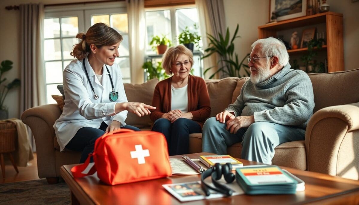 Caregiver and senior discussing home safety and emergency preparedness in a cozy living room.