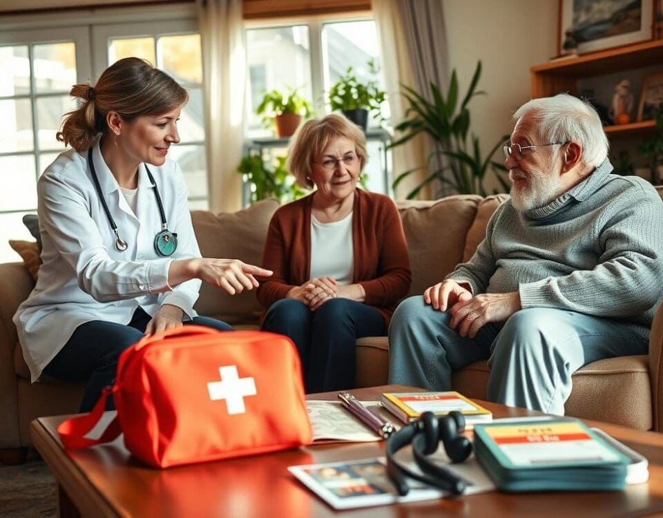 Caregiver and senior discussing home safety and emergency preparedness in a cozy living room.