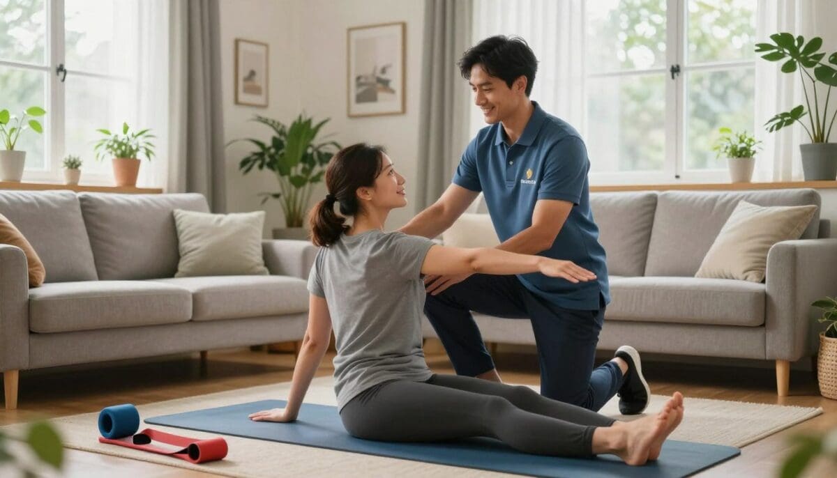 Licensed physical therapist assisting a patient with exercises in a cozy, well-lit home environment, emphasizing personalized care and rehabilitation.