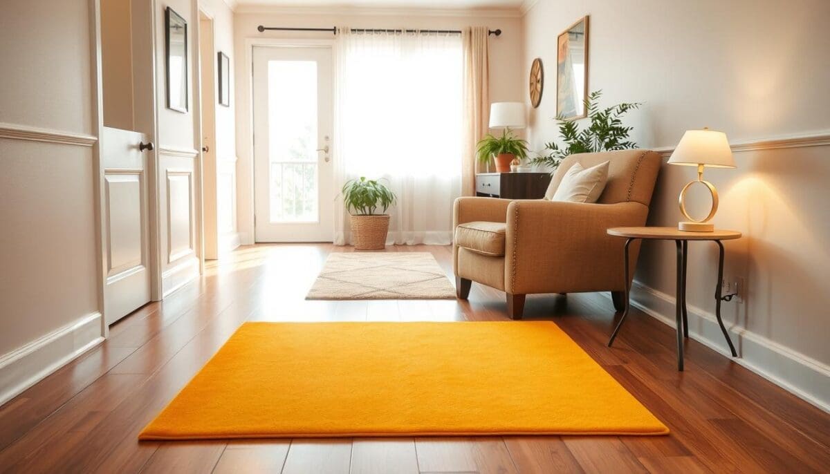 A cozy, well-lit living room designed for elderly safety, featuring a brightly colored, non-slip rug on a hardwood floor in the foreground. A sturdy armchair with armrests is positioned next to a small side table, holding a lamp with soft, warm lighting. The middle ground includes an unobstructed pathway with clear, well-marked thresholds and safety grab bars near the wall. In the background, a sunny window with sheer curtains allows natural light to flood the space, enhancing a cheerful atmosphere. A potted plant adds a touch of greenery, promoting a sense of tranquility and comfort. The image embodies an inviting, supportive environment, ensuring safety and ease for seniors navigating their home.