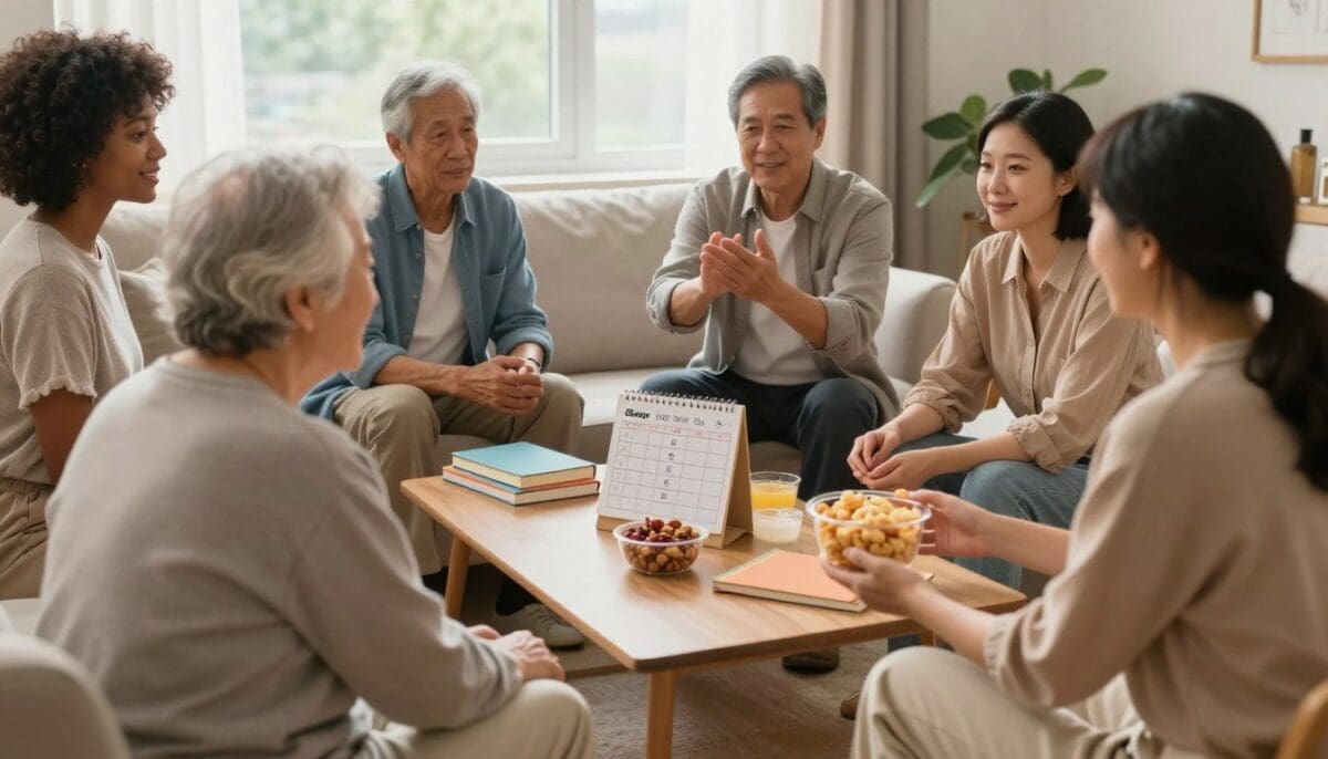 A cozy, well-lit living room scene that embodies caregiving tips for seniors. In the foreground, a diverse group of professionals, dressed in modest casual clothing, engages with an elderly person in a warm, supportive manner. One caregiver is demonstrating a simple exercise while another offers a healthy snack. In the middle ground, a small table is set with easy-to-reach items such as books and friendly reminders like a schedule. The background features a window displaying soft, natural light that enhances the inviting atmosphere. The composition should emphasize a sense of connection, warmth, and encouragement, showcasing practical and heartening elements of daily caregiving. Use warm colors to create a nurturing mood, with a focus on harmony and well-being.