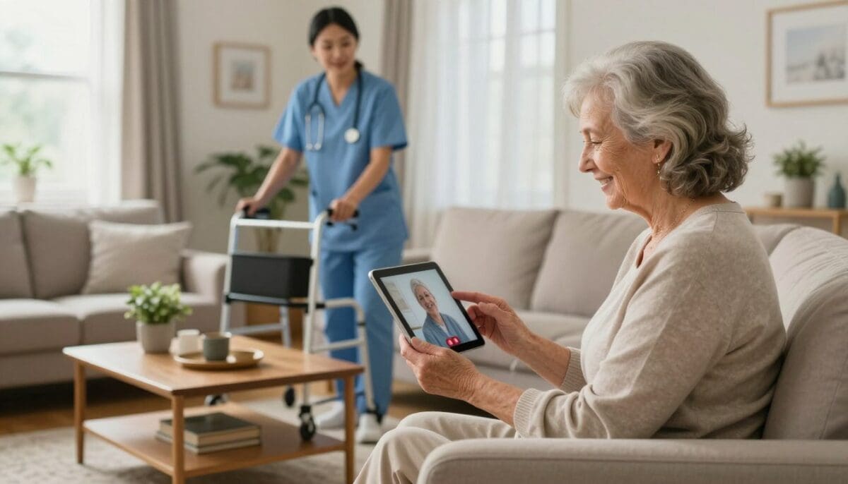 A cozy, well-lit living room setting that emphasizes comfort and independence for elderly individuals. In the foreground, an older woman in modest casual clothing is seen using a tablet, smiling as she interacts with a family member on video call, symbolizing connectivity. A supportive in-home nurse, dressed in professional attire, is nearby, assisting with a mobility aid. In the middle ground, a small coffee table holds personal items that reflect the individual's interests, and a plant adds a touch of life. The background features soft natural light coming through a window, illuminating the room and creating a warm, inviting atmosphere. The scene conveys a sense of security, care, and quality of life at home.