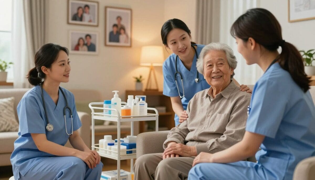 Dedicated home health care team interacting with an elderly patient in a warmly lit living room, showcasing personalized care and support.
