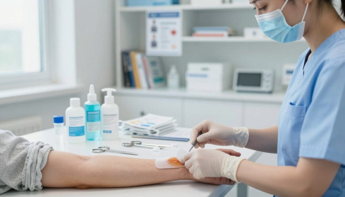 A modern medical workspace focused on advanced wound treatment techniques. In the foreground, a nurse in professional scrubs skillfully applies a transparent hydrogel dressing to a wound on a patient's arm, which is covered with minimal, modest clothing. The middle ground features a well-organized counter filled with advanced wound care tools such as sterile scissors, antiseptic solutions, and specialty dressings, illuminated by soft, natural lighting from a nearby window. In the background, shelves display medical textbooks and informative posters on wound care. The atmosphere conveys professionalism and a sense of care and precision, emphasizing the importance of proper wound management. The shot is taken with a shallow depth of field, focusing sharply on the treatment procedure while the background remains softly blurred.