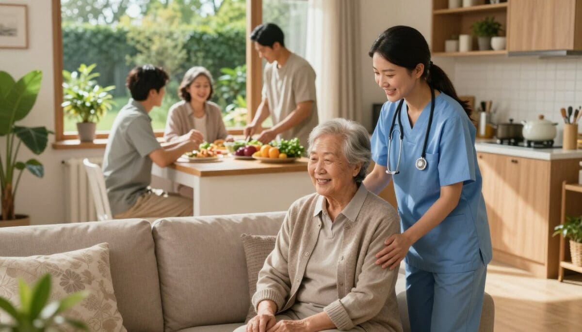 Smiling elderly woman receiving compassionate home care from a nurse in a bright living room, with family members preparing healthy meals in the background, illustrating the benefits of in-home health services for recovery and chronic condition management.