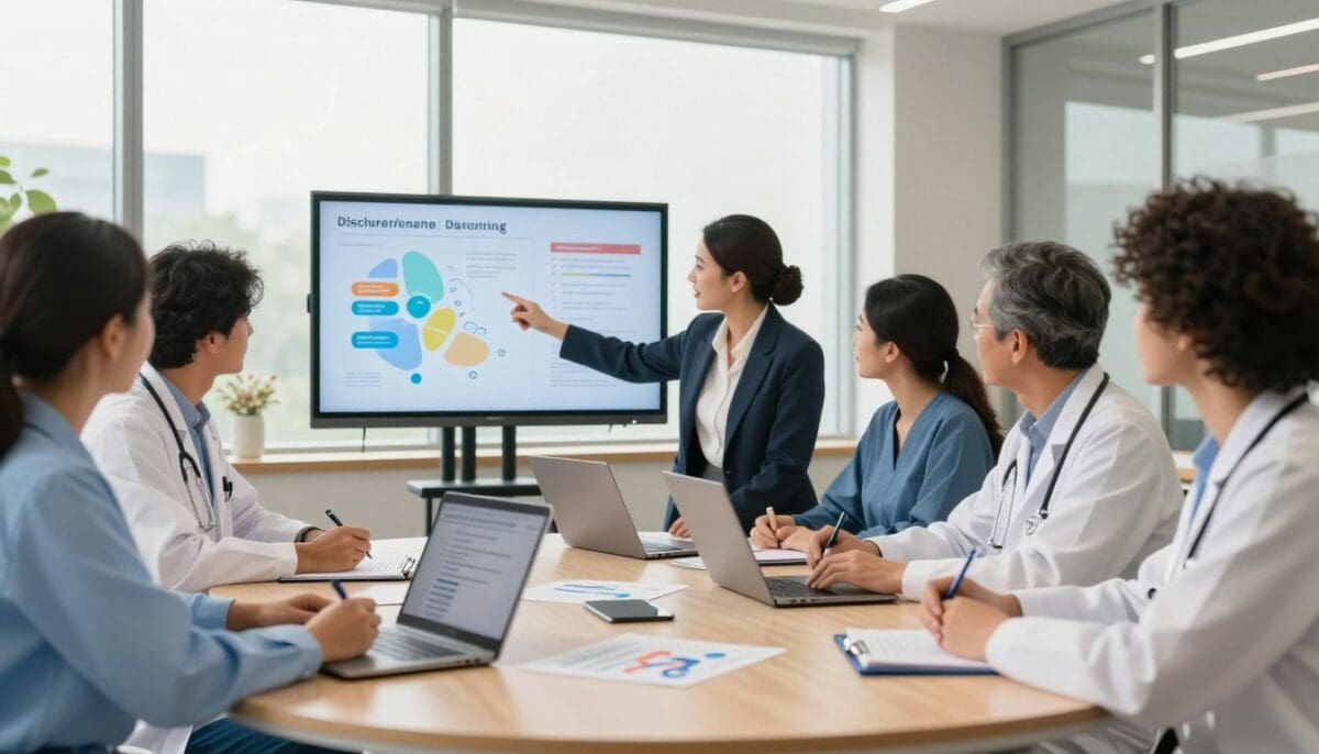 Professional case manager in business attire presenting discharge planning strategies during a coordination meeting with healthcare professionals, emphasizing effective communication and post-acute care services.