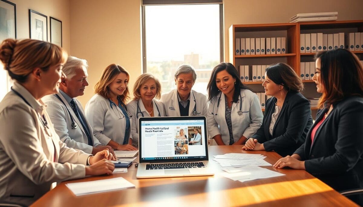 Healthcare professionals collaborating on home health referrals in San Antonio, reviewing patient information on laptop.