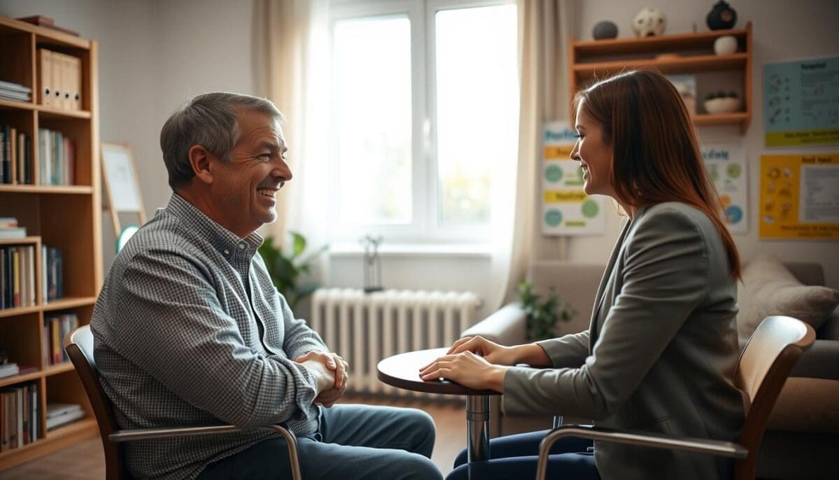 A quiet and focused home therapy room, conveying the essence of cognitive rehabilitation through speech therapy. In the foreground, a middle-aged man with a warm, encouraging smile is seated at a small table, engaging with a young woman, dressed in professional business attire, who is actively participating in the session. The background features a cozy, well-lit space with bookshelves filled with therapy materials, and colorful charts displaying speech exercises on the walls. Soft natural light filters through a nearby window, creating an inviting atmosphere. The camera angle is slightly elevated, capturing the interaction between the therapist and the patient, emphasizing connection and support. Overall, the mood is one of hope and determination, showcasing the significant role of speech therapy in recovery.
