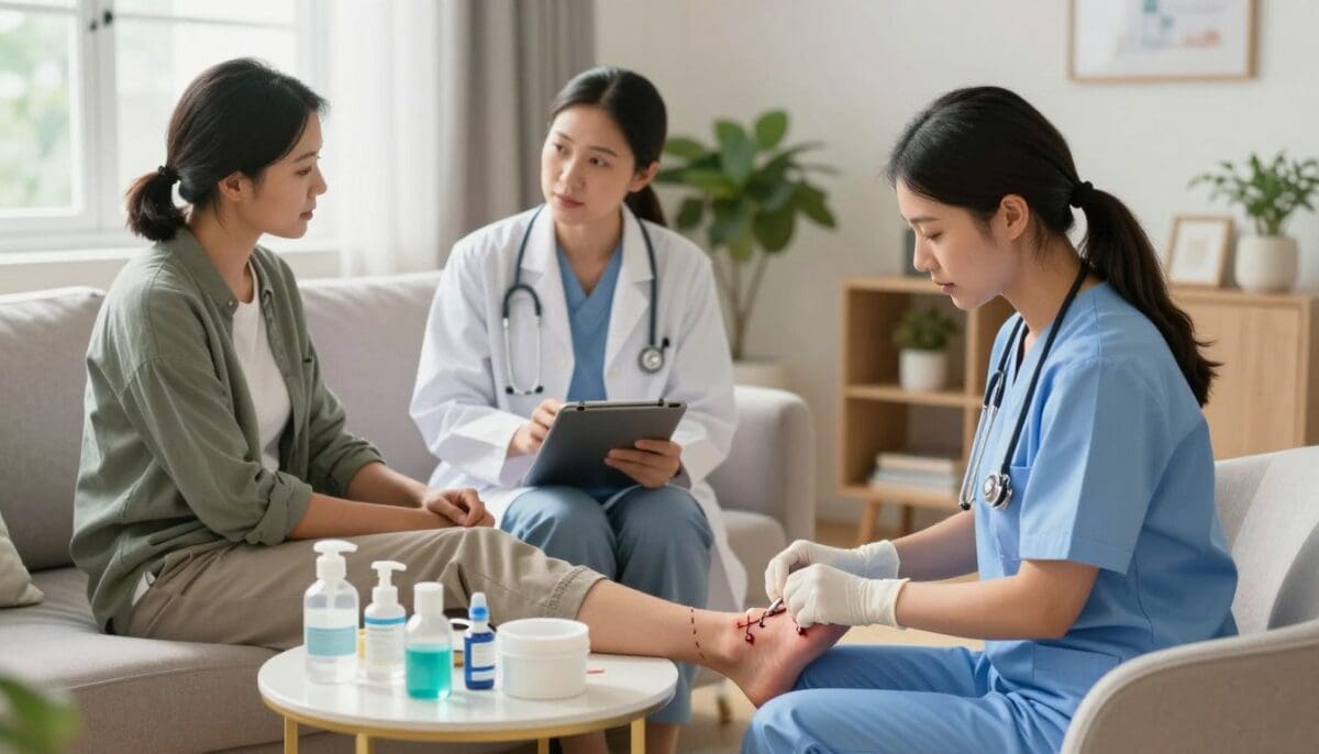 A serene and bright home healthcare environment that showcases integrative care and collaborative approaches to professional wound care. In the foreground, a nurse in professional attire is attentively assessing a patient's wound on a comfortable sofa, surrounded by medical supplies neatly organized on a side table. In the middle ground, a physician reviews patient charts on a tablet, engaged in discussion with a caregiver, both dressed in smart casual attire. In the background, a cozy living room with soft lighting and green plants evokes a sense of tranquility and healing. Natural light filters through a window, creating a warm atmosphere that highlights the supportive, collaborative nature of at-home healthcare. The overall mood is one of hope and professionalism, emphasizing teamwork in wound care practices.