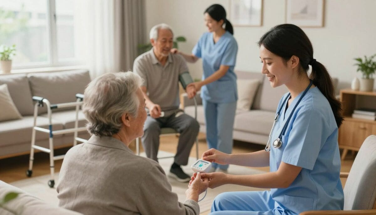Home health care scene featuring a nurse assisting an elderly woman in a cozy living room, with another caregiver monitoring a senior man's health, emphasizing personalized attention and comfort in home health care services.