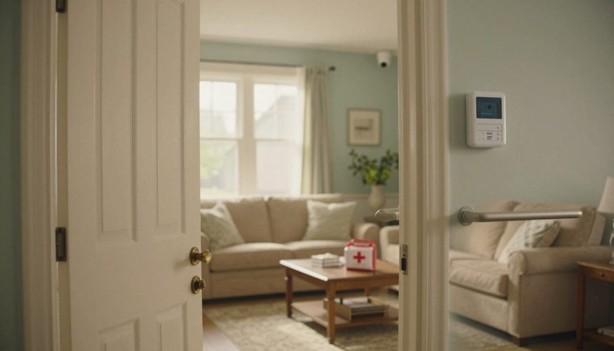A serene and secure living room designed for seniors, showcasing emergency preparedness and home security enhancements. In the foreground, a sturdy, accessible door with a reinforced lock stands open, inviting light into the space. The middle ground features a cozy seating area equipped with safety grab bars and a well-placed emergency alert system, with a small table holding a first aid kit and emergency contact list. In the background, large windows let in soft, warm natural light, illuminating the room's calming pastel colors. Subtle hints of technology, like motion sensor lights and a security camera mounted discreetly, ensure safety while maintaining an inviting atmosphere. The overall mood reflects tranquility and readiness, perfect for encouraging a sense of security and comfort.