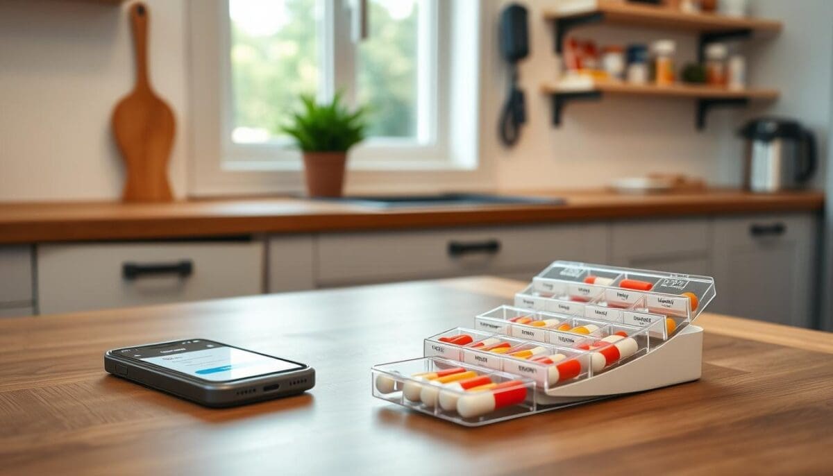 Well-organized kitchen with medication reminder system and weekly pill organizer for home health management.