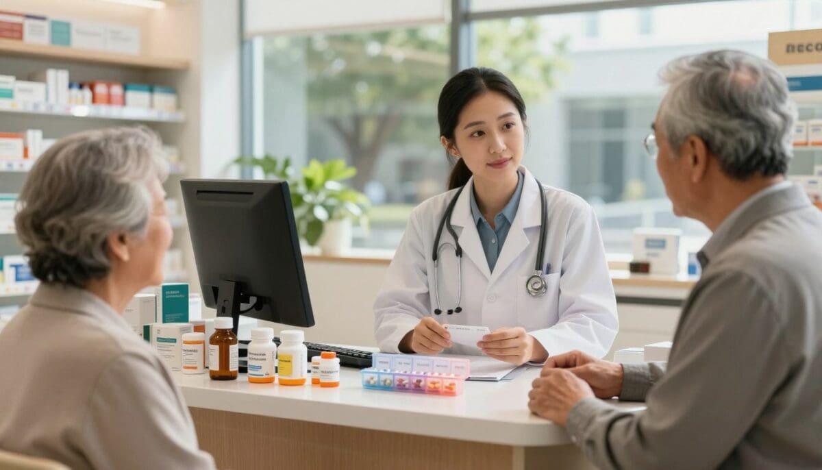 Pharmacist consulting with elderly patients in a modern pharmacy setting in San Antonio, emphasizing personalized medication management and safety protocols.