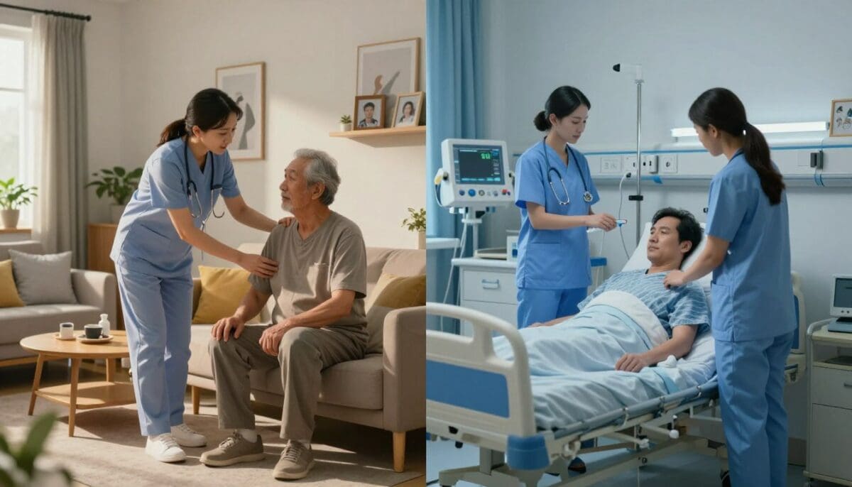 Split-screen image contrasting home health care with hospital care, featuring a nurse interacting with an elderly patient in a home setting on the left and two nurses attending to a patient in a hospital bed on the right, highlighting personalized care and clinical support differences.