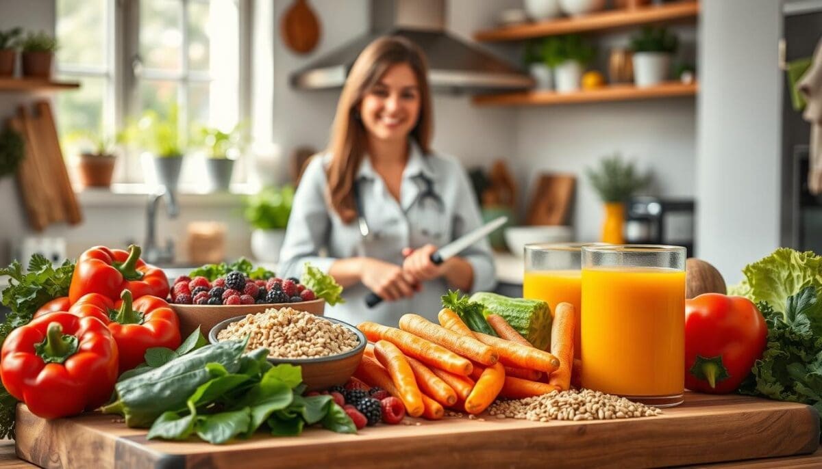 Heart-healthy foods and fresh produce in a kitchen setting, supporting nutrition for heart disease management.