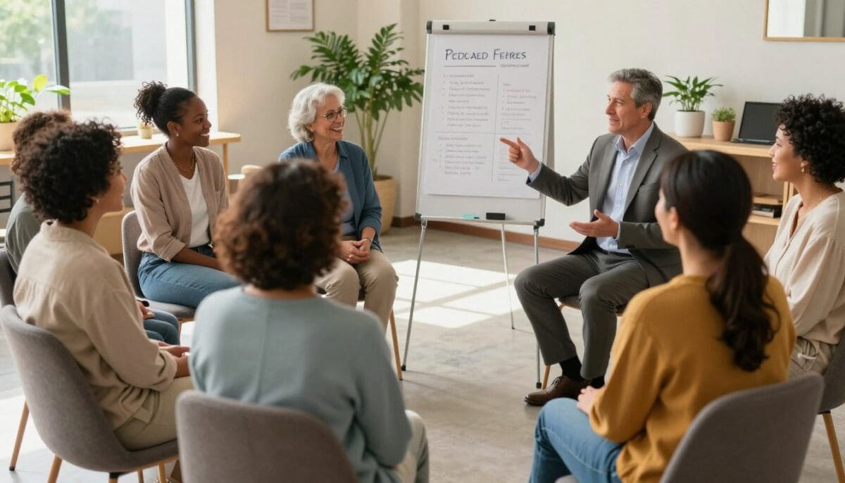 A warm and inviting community center scene, showcasing a diverse group of family caregivers engaged in a support group session. In the foreground, two women, one African American and one Hispanic, are sharing experiences and smiling, sitting in a circle of comfortable chairs. The middle ground features a facilitator, a middle-aged Caucasian man in professional attire, guiding the discussion with a flip chart filled with strategies and resources. In the background, a cozy room filled with plants and bright natural light streaming through large windows creates an uplifting atmosphere. The lens captures the image from a slightly above angle, emphasizing the connection and camaraderie among the participants. The overall mood is supportive and empowering, highlighting the importance of community resources for caregivers.