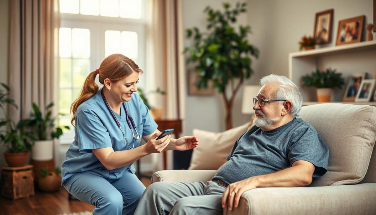 Compassionate nurse providing cardiac care at home to senior man in San Antonio living room.