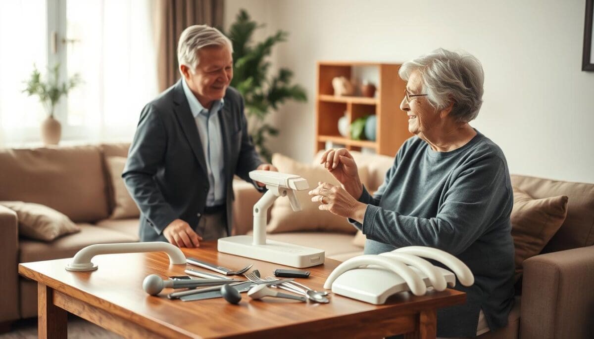A warm and inviting home setting depicting an elderly person consulting with a professional occupational therapist. In the foreground, the therapist, dressed in smart casual clothing, is demonstrating an adaptive device to enhance the senior's daily living skills. The middle layer features a selection of therapy tools, like grab bars and ergonomic utensils, laid out on a nearby table. The background showcases a cozy living room with soft lighting filtering through a window, creating a calm and reassuring atmosphere. The scene captures a sense of trust and professionalism, highlighting the supportive relationship between the therapist and the client. The overall mood is optimistic and empowering, emphasizing a safe and nurturing environment for seniors seeking independence.