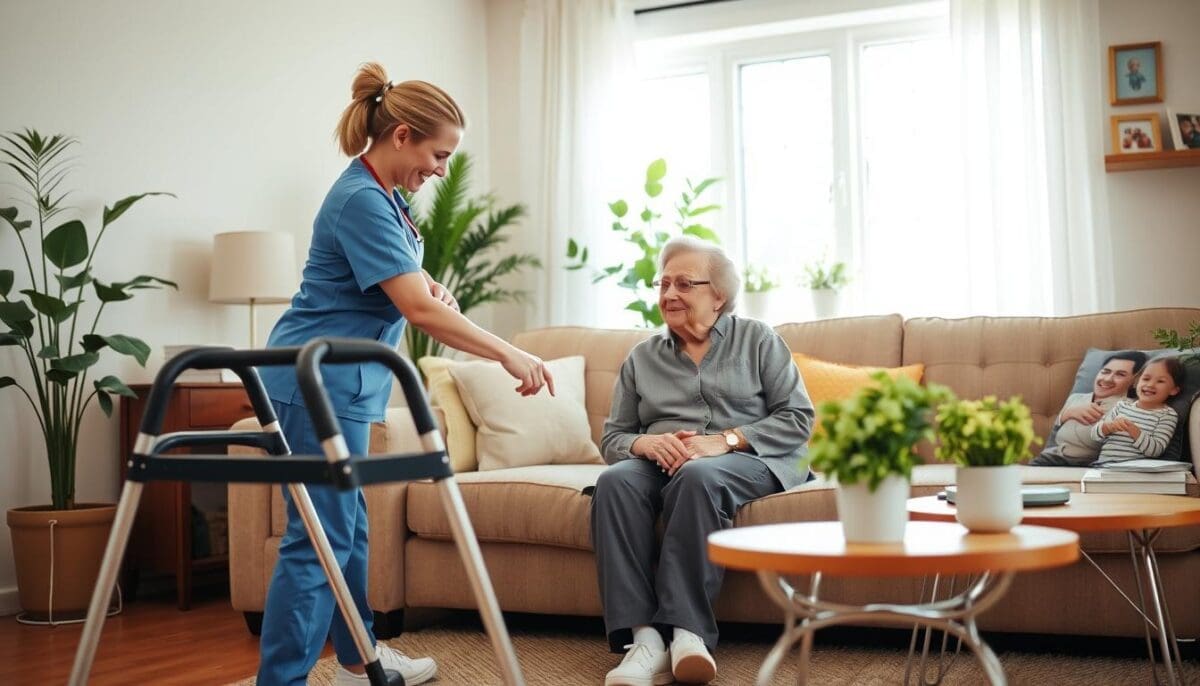 A warm and inviting home setting featuring an in-home nursing service scene. In the foreground, a compassionate nurse in a professional scrub uniform is gently assisting an elderly patient sitting on a comfortable sofa, showcasing empathy and support. The middle ground includes supportive equipment like a walker and a small table with health monitoring devices. In the background, soft, natural light filters through a window, illuminating a well-decorated living room with houseplants and family photographs, contributing to a nurturing atmosphere. The angle is slightly elevated to capture the connection between the nurse and patient, embodying the essence of skilled nursing care in a loving home environment. The mood is serene and uplifting, emphasizing trust and professionalism without distractions. In-home nursing service providing care and support for senior in a comfortable living room setting.