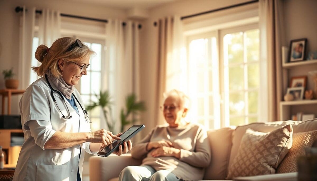 A warm and inviting home setting in San Antonio, designed to reflect comfort and care for seniors. In the foreground, a compassionate healthcare professional, dressed in smart casual attire, interacts gently with an elderly person seated in a cozy living room filled with sunlight. The middle layer showcases elements of home health care, such as a medical kit, a tablet displaying health information, and warm decorations like family photos. In the background, large windows with sheer curtains allow natural light to flood the room, enhancing the atmosphere of safety and support. Soft, diffused lighting creates a serene ambiance, suggesting a sense of well-being and independence. The overall mood is uplifting and nurturing, highlighting the values of home health care. Warm and inviting home setting in San Antonio with skilled nursing care and compassionate support for seniors.