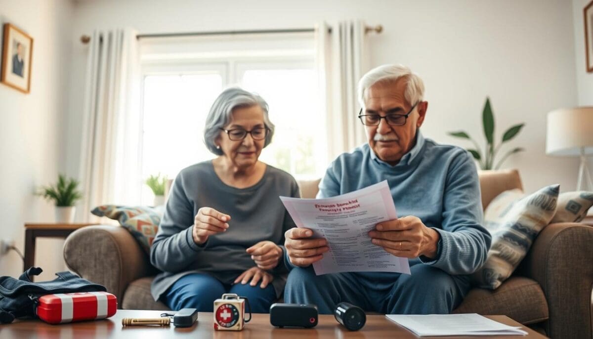 Elderly couple reviewing safety plan in a warm and inviting living room setting.