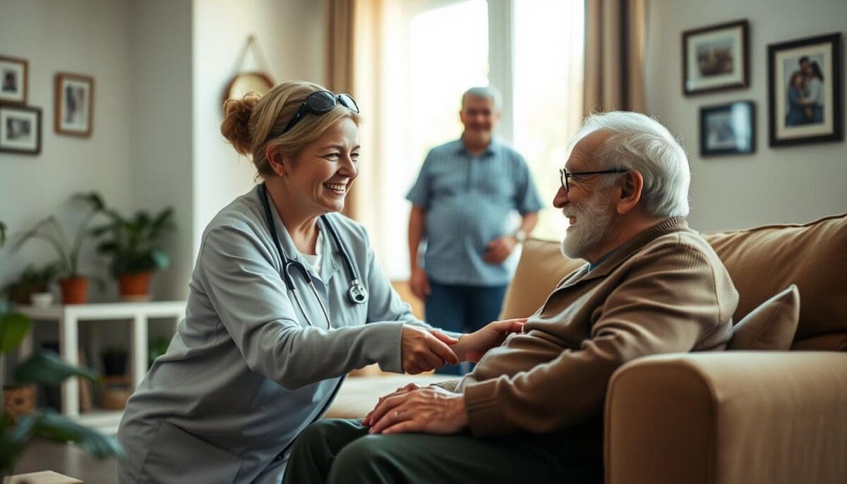 A warm, inviting home health scene in San Antonio depicting a skilled caregiver interacting with a senior patient. In the foreground, the caregiver, a middle-aged woman in modest professional attire, smiles kindly as she assists an elderly man sitting comfortably in a cozy living room. The middle of the scene includes soft, natural lighting streaming through a window, illuminating a well-furnished space with plants and family photos on the walls. In the background, a family member can be seen observing supportively. The atmosphere is nurturing and empowering, reinforcing the crucial role caregivers play in ensuring seniors' independence in their own homes. The composition is framed with a slight depth of field, creating a focus on the caregiver-patient interaction. Skilled caregiver interacting with senior in San Antonio home, providing compassionate senior care at home.