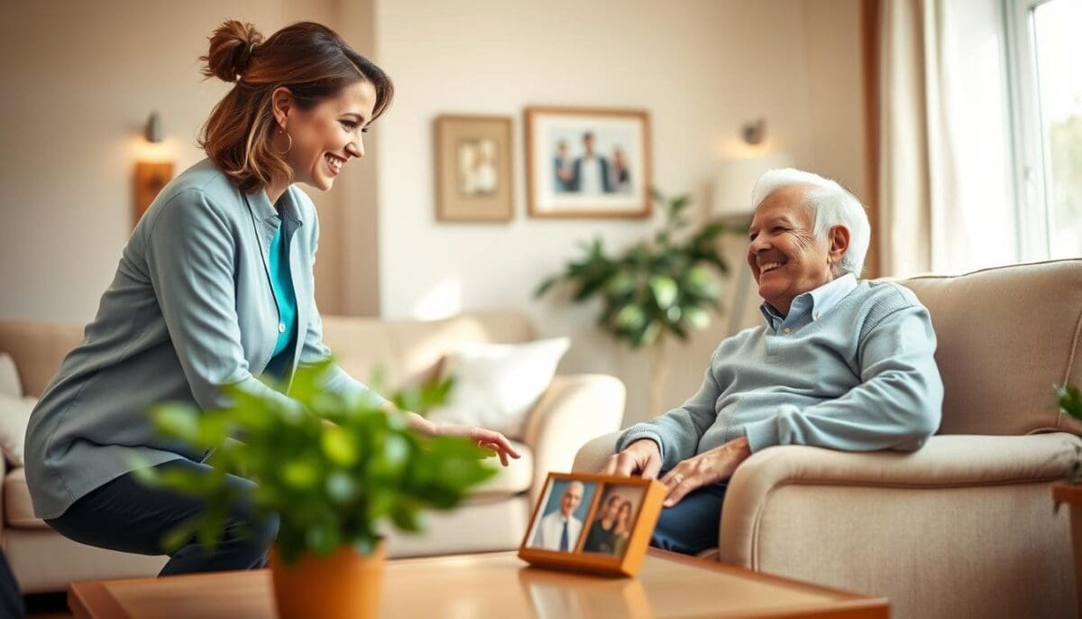 A warm, inviting home setting depicting an elderly couple comfortably interacting with a friendly caregiver. In the foreground, show the caregiver, a middle-aged woman in professional business attire, gently assisting a senior man sitting in a cozy armchair, both smiling. In the middle, a brightly lit living room with soft colors, featuring a coffee table with family photos and a houseplant, illustrates a welcoming environment. The background includes a window with sunlight streaming in, casting a gentle glow, contributing to a serene atmosphere. Use a shallow depth of field to focus on the subjects while slightly blurring the background. The overall mood should convey warmth, care, and a sense of community as the seniors transition to home health care.