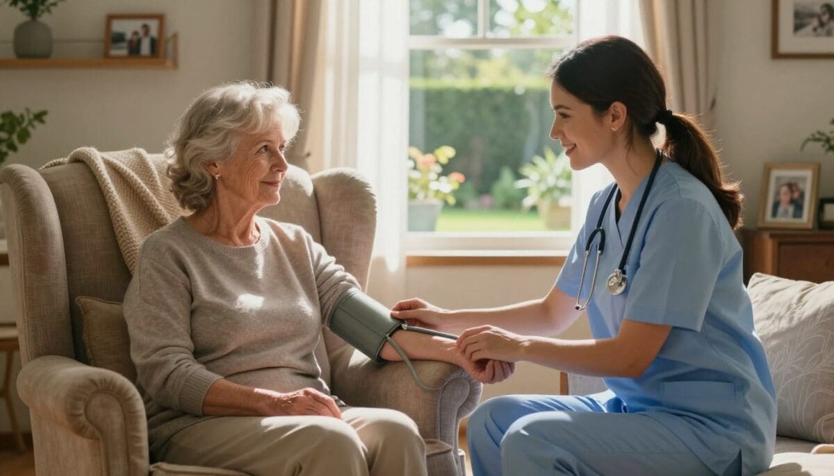 A warm, inviting home setting featuring a compassionate nurse assisting an elderly patient in a cozy living room. In the foreground, the nurse, dressed in professional attire, gently checks the patient's blood pressure while offering a reassuring smile. The patient, a senior woman, appears calm and relaxed, seated comfortably in a plush armchair. In the middle ground, a well-lit, homey environment is highlighted by soft sunlight filtering through sheer curtains, casting a warm glow. Personal touches like family photos and cozy blankets create an atmosphere of care and comfort. In the background, a beautiful garden is visible through the window, symbolizing tranquility and healing. The image conveys a sense of empathy, professionalism, and support, embodying the essence of compassionate home-based care.