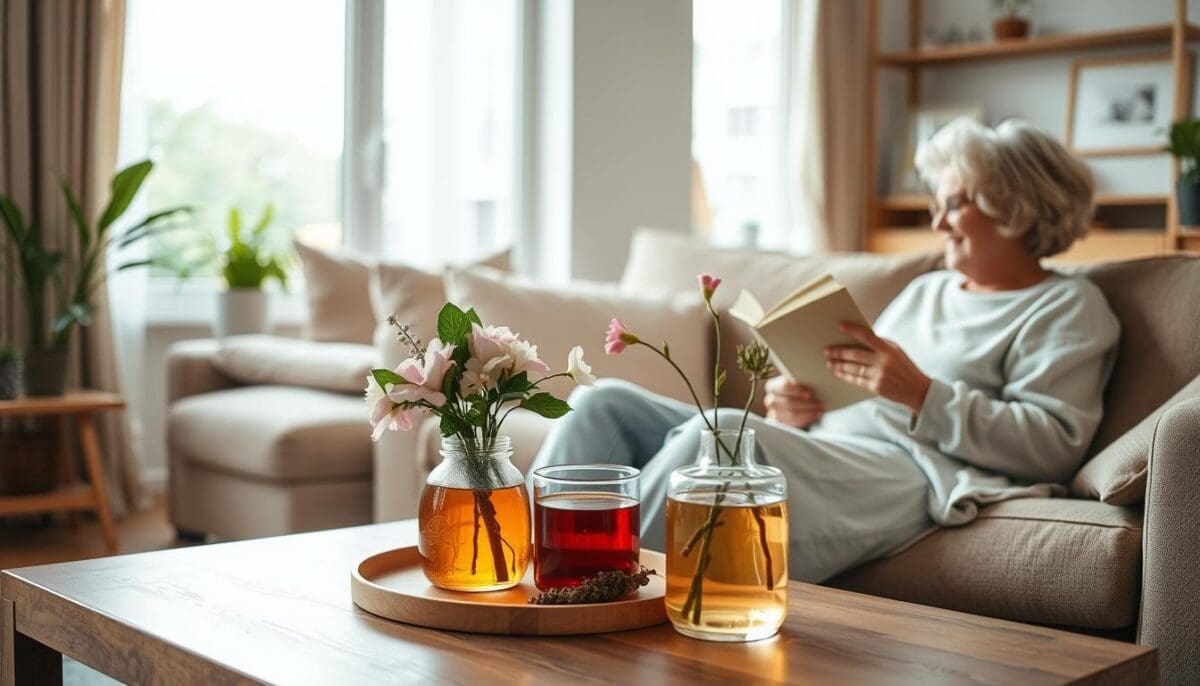 Warm living room scene with family member reading, supporting recovery care and home health services.
